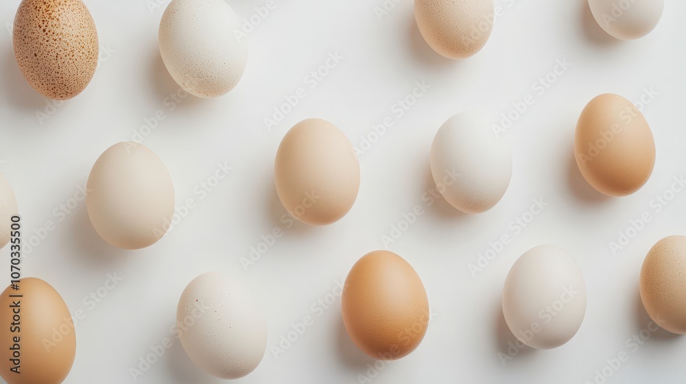 A collection of fresh chicken eggs is placed on a clean white background, their natural shells varying slightly in tone. A collection of fresh chicken eggs is placed on a clean white background, their natural shells varying slightly in tone.