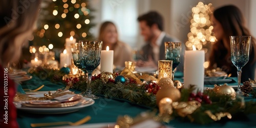 A festive dining setup featuring a decorated table, candles, and a Christmas tree, perfect for holiday gatherings and celebrations.