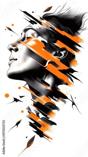 Abstract representation of a woman\'s profile with dynamic splashes of orange and black against a stark background photo