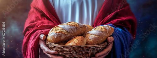 closeup, hands holding basket with bread	
 photo