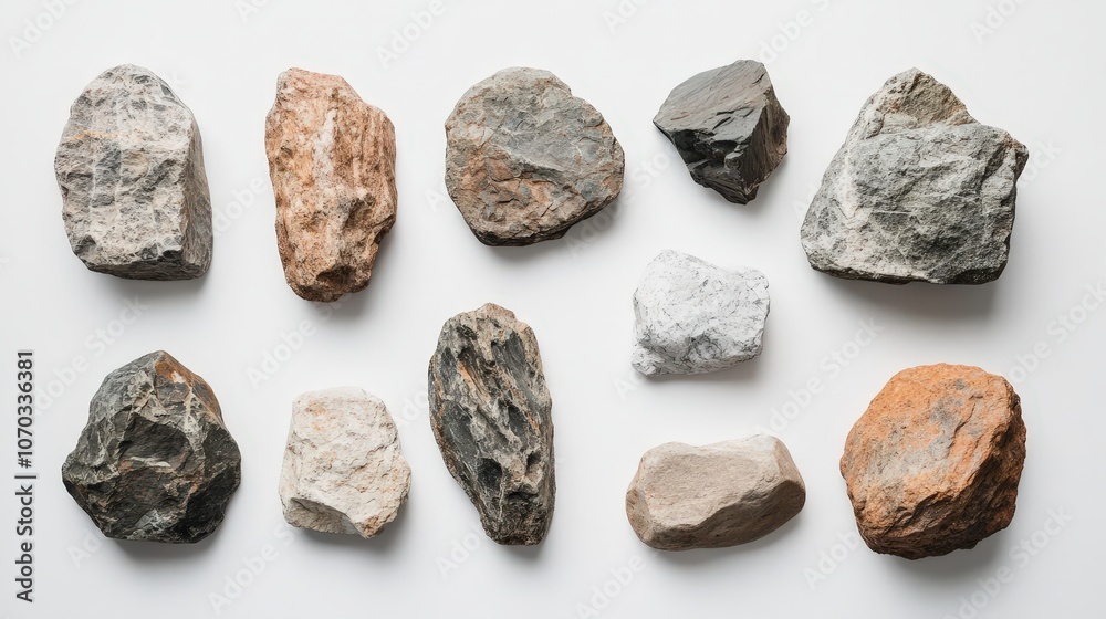 A collection of rugged rocks, varying in size and form, is displayed on a white background. A collection of rugged rocks, varying in size and form, is displayed on a white background.