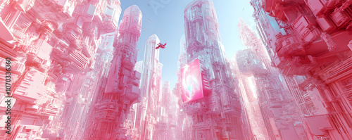 A 3D Render of a Futuristic Cityscape with Tall Pink Towers and a Flying Ship, with a Pink and Blue Light in the Background