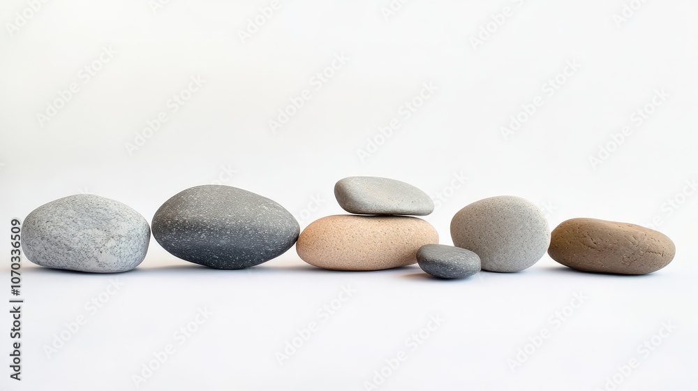 A collection of smooth rocks of varying shapes and sizes rests against a clean white background. A collection of smooth rocks of varying shapes and sizes rests against a clean white background.