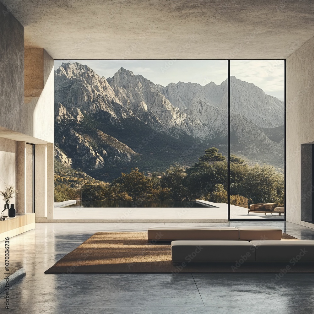 Fototapeta premium Minimalist living room with mountain view.