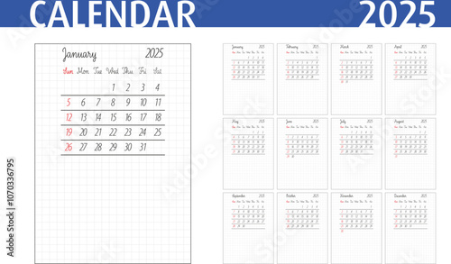 Calendar A6 format for 2025 with grid