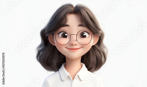 Smiling cartoon girl with glasses.