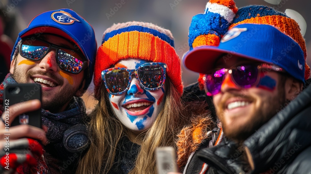 Friends taking Super Bowl selfie with face paint and hats Friends taking Super Bowl selfie with face paint and hats
