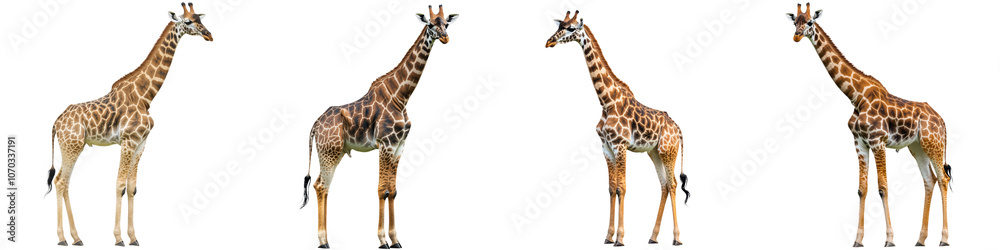 Obraz premium Majestic herd of tall long necked spotted African giraffes grazing peacefully in a lush grassy savanna landscape under a blue sky