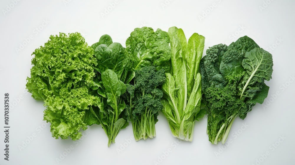 A colorful variety of green vegetables, such as spinach, kale, and lettuce, is arranged on a white background.