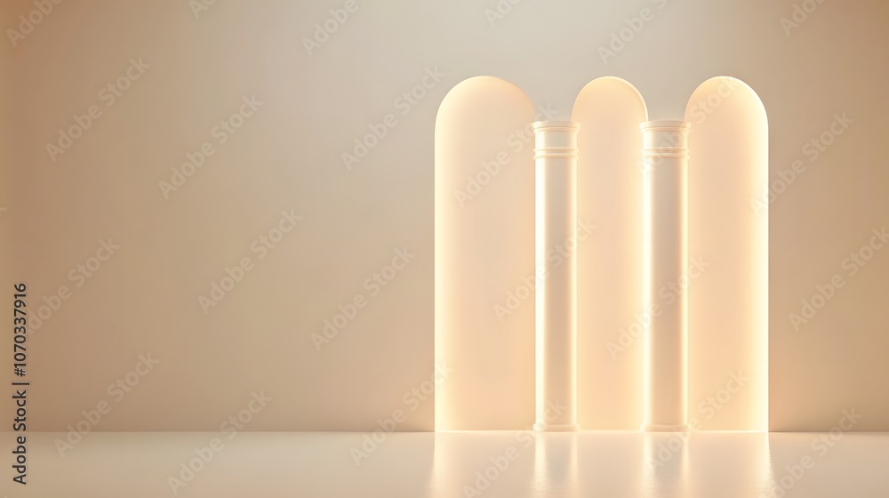 Empty white space with a minimalist design featuring elegant arches, clean lines, and soft lighting, creating a serene and modern architectural aesthetic Empty white space with a minimalist design featuring elegant arches, clean lines, and soft lighting, creating a serene and modern architectural aesthetic