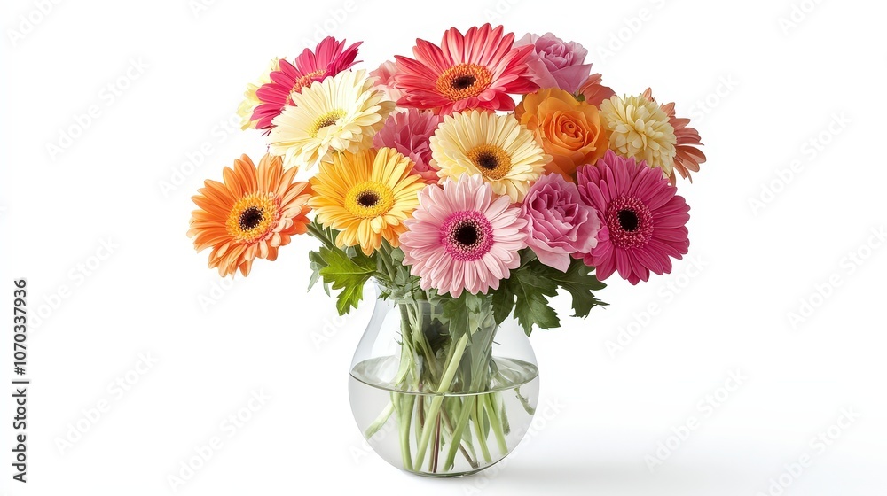 A delicate vase filled with freshly cut flowers is showcased against a smooth white background A delicate vase filled with freshly cut flowers is showcased against a smooth white background