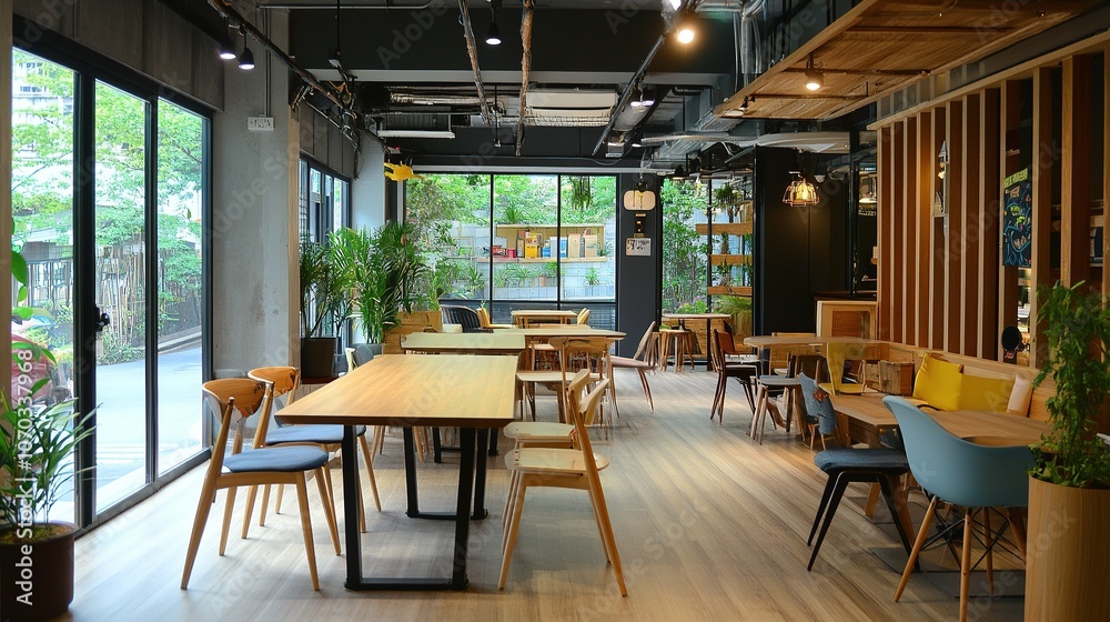 Fototapeta premium Cozy modern coworking space with colorful seating and lounge.