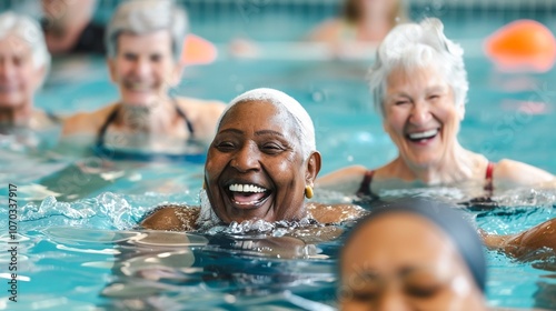 Diverse group of smiling happy elderly people of different races and genders enjoying swimming and leisure time together in an outdoor pool at a senior living or retirement community