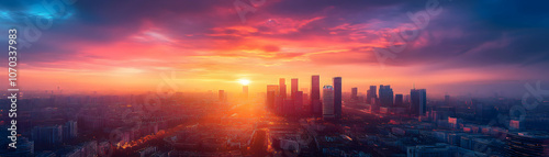 A Cityscape with a Colorful Sunrise Over a Skyline with Tall Buildings and a Sun Shining Through the Clouds in the Sky