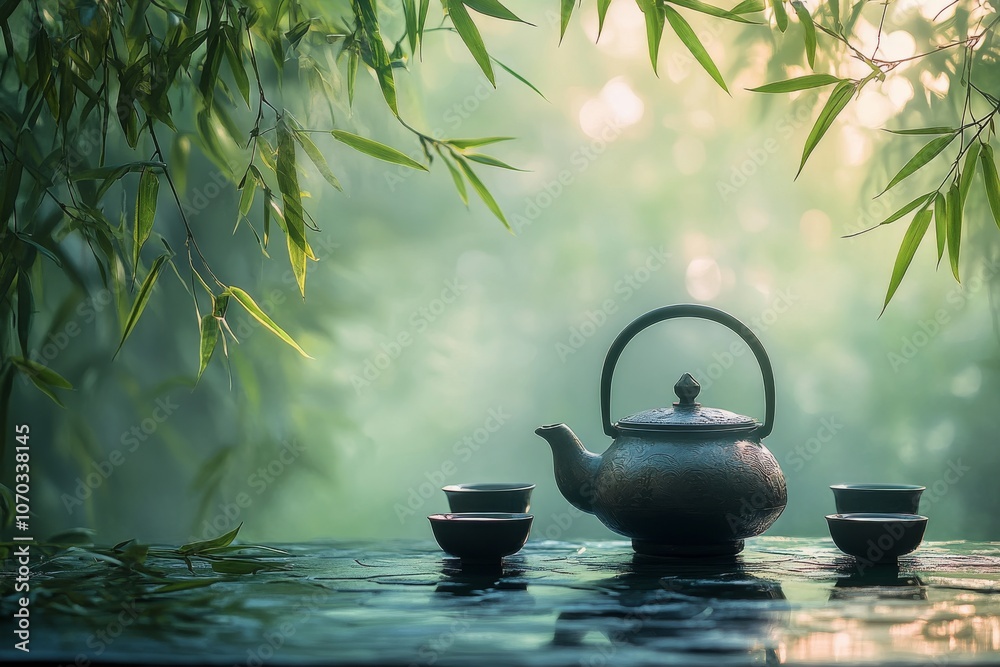 Tranquil tea set among lush bamboo in serene nature during early morning light Tranquil tea set among lush bamboo in serene nature during early morning light