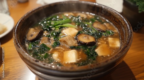 A bowl of steaming hot soup with tofu, mushrooms, and greens.