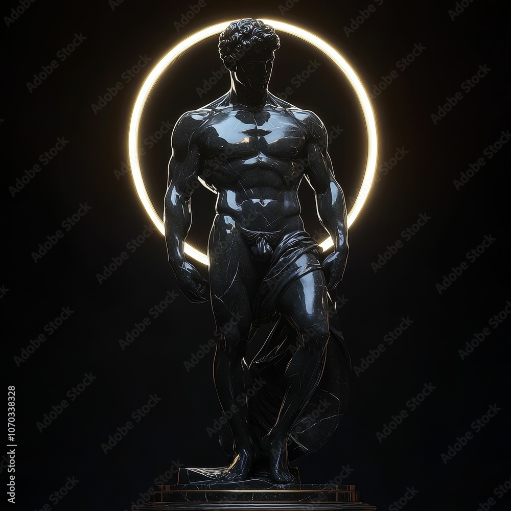 Black marble statue of a man with a glowing halo. Black marble statue of a man with a glowing halo.