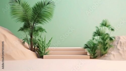 Serene 3D Tropical Scene with Steps and Greenery