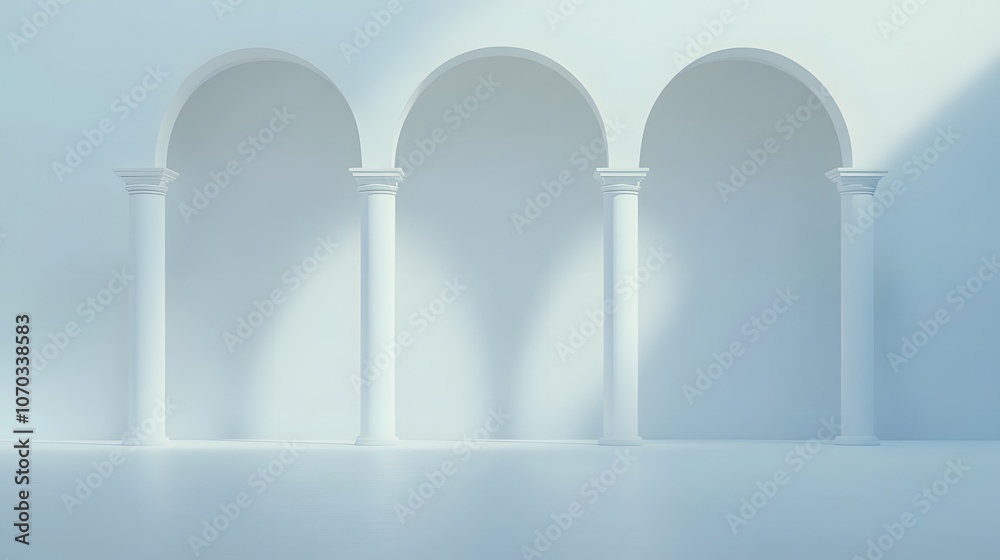 Empty white space with a minimalist design featuring elegant arches, clean lines, and soft lighting, creating a serene and modern architectural aesthetic Empty white space with a minimalist design featuring elegant arches, clean lines, and soft lighting, creating a serene and modern architectural aesthetic