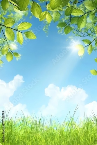 Sunny Spring Landscape Lush Green Meadow Under a Blue Sky with Fluffy White Clouds and Lush Foliage