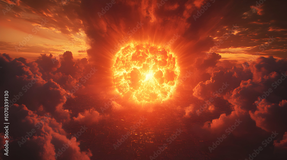 Fototapeta premium Fiery Explosion in a Cityscape Through a Cloudy Sky