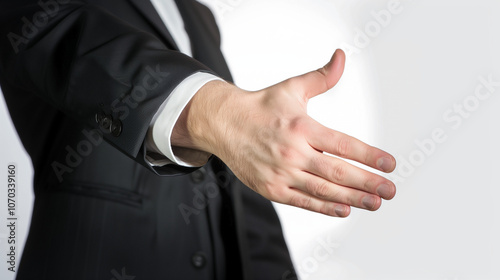 Close up of businessmen shaking hands on white background with copy space for message, professional greeting, successful cooperation