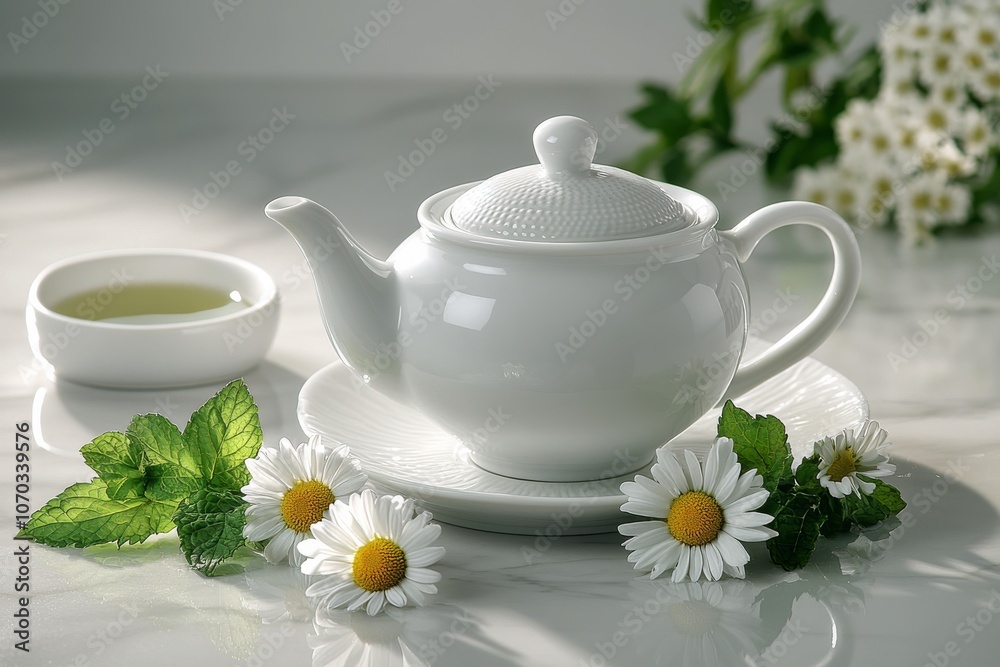Fototapeta premium Tranquil tea setting with fresh mint, daisies, and a white teapot in a serene environment