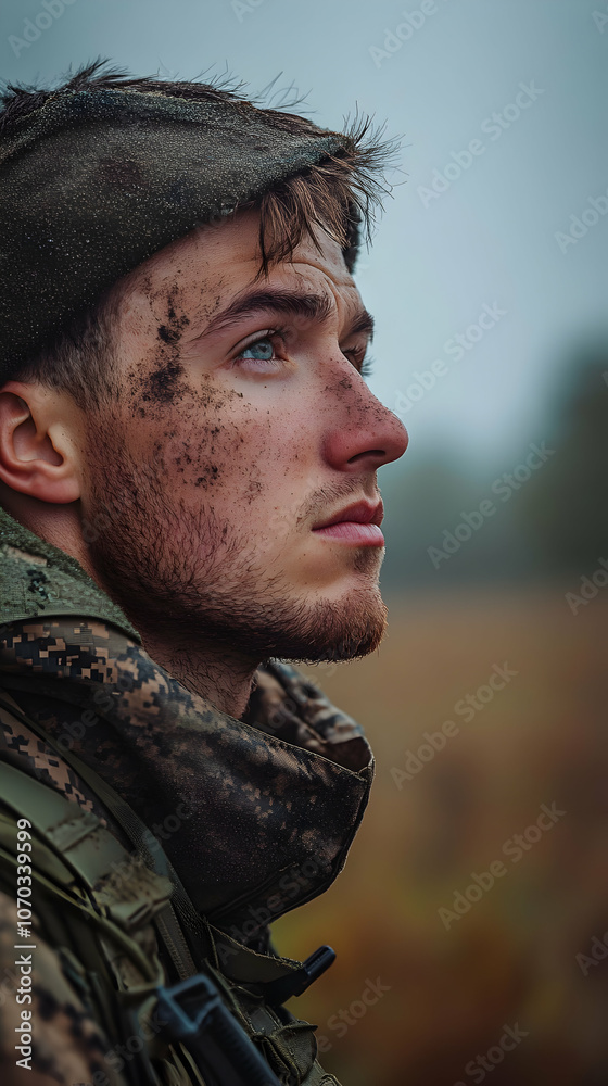 Close-up Portrait of a Soldier with Mud on His Face Looking Upward in Thoughtful Contemplation Close-up Portrait of a Soldier with Mud on His Face Looking Upward in Thoughtful Contemplation