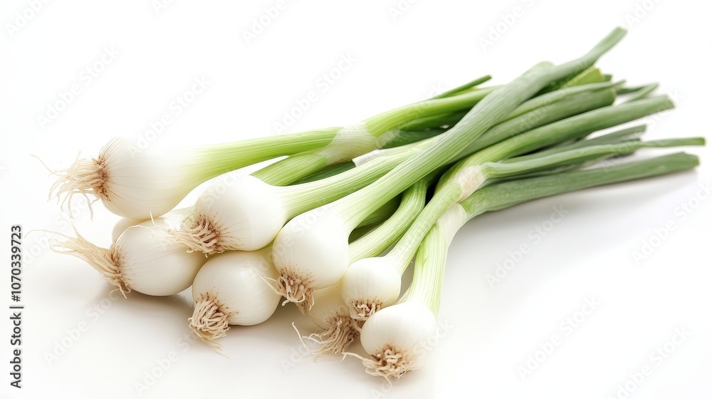 A few fresh scallions rest elegantly on a white background. A few fresh scallions rest elegantly on a white background.