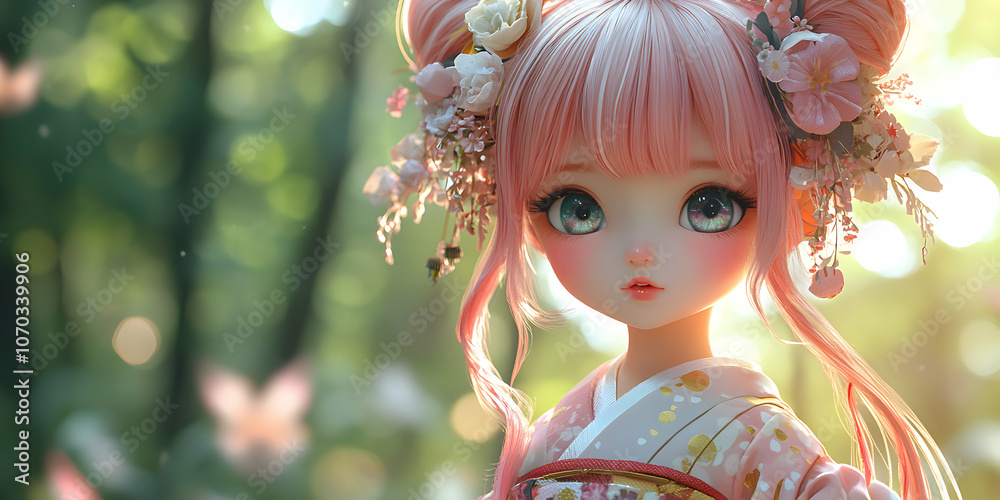 A Portrait of a Doll with Pink Hair and Wearing a Floral Headband and Kimono in a Forest Setting A Portrait of a Doll with Pink Hair and Wearing a Floral Headband and Kimono in a Forest Setting