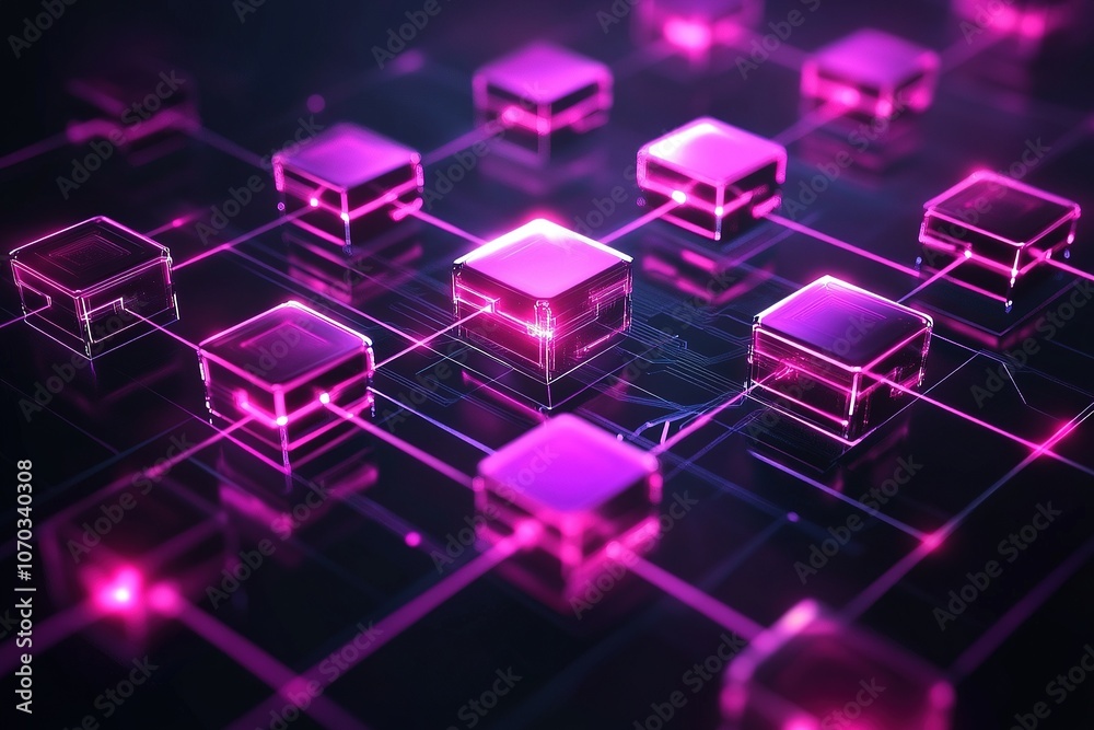 Neon blockchain technology with pink glowing data blocks. Neon blockchain technology with pink glowing data blocks.