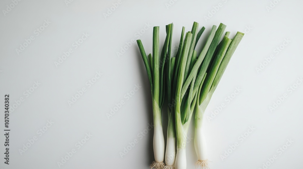 A few scallions are placed on a pure white background, their fresh green color popping against the clean setting.