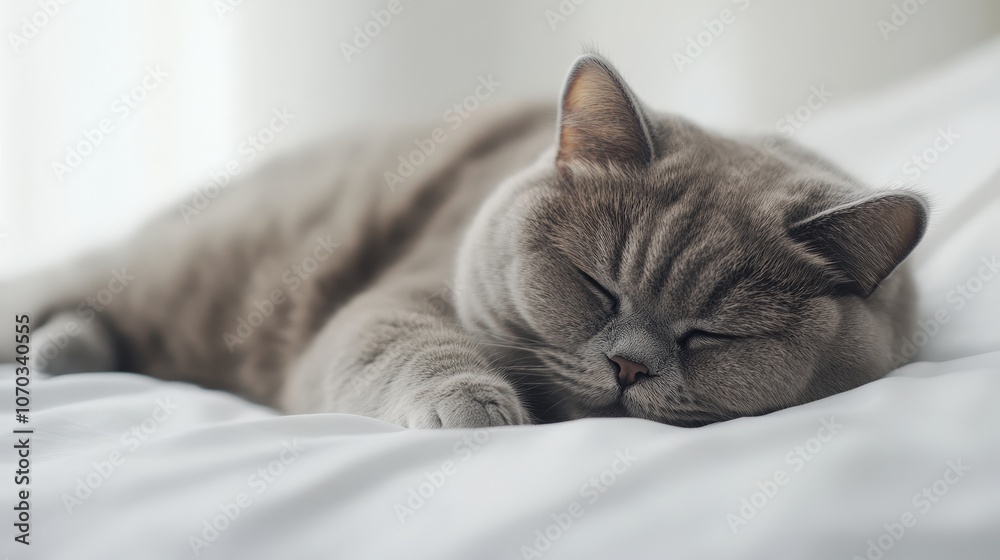 A fluffy British Shorthair cat is lying lazily on a pristine white surface, its round face and dense coat creating an adorable image. A fluffy British Shorthair cat is lying lazily on a pristine white surface, its round face and dense coat creating an adorable image.