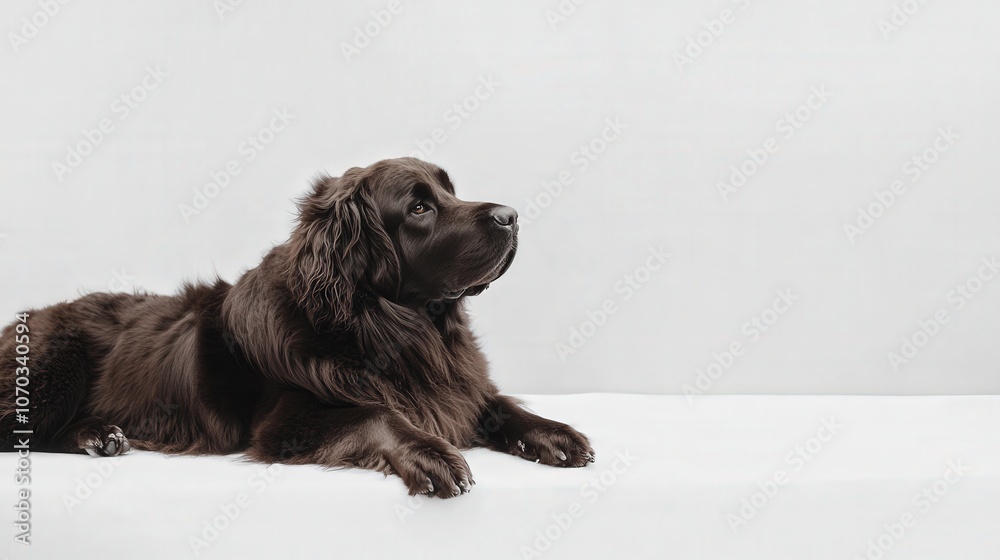 A fluffy Newfoundland dog is lounging on a pristine white surface, its large frame and gentle eyes creating a serene visual. A fluffy Newfoundland dog is lounging on a pristine white surface, its large frame and gentle eyes creating a serene visual.