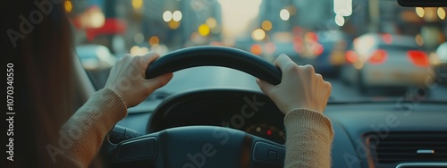 Female hands gripping the steering wheel on a busy urban city road concept of freedom and adventure photo