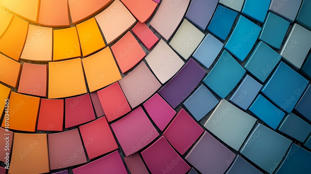 Obraz premium A close-up of a colorful abstract design consisting of squares in shades of orange, red, pink, purple, blue, and gray.
