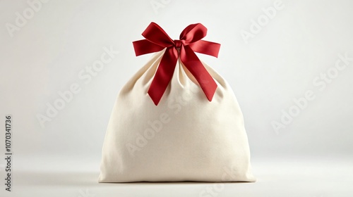 Creamy white Santa bag with a simple red ribbon on a bright white background, timeless minimalism