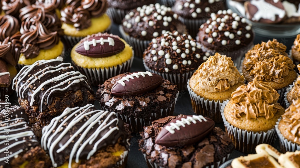 Festive Super Bowl dessert table with footballthemed treats in focus Festive Super Bowl dessert table with footballthemed treats in focus