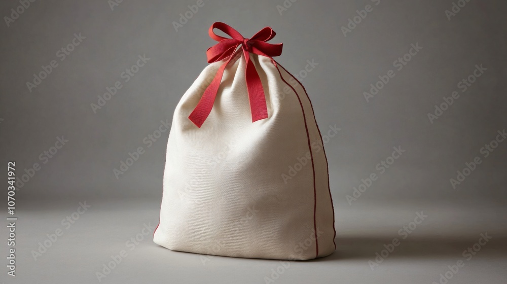 Light beige Santa bag with soft red edges on a charcoal background, simple elegance Light beige Santa bag with soft red edges on a charcoal background, simple elegance
