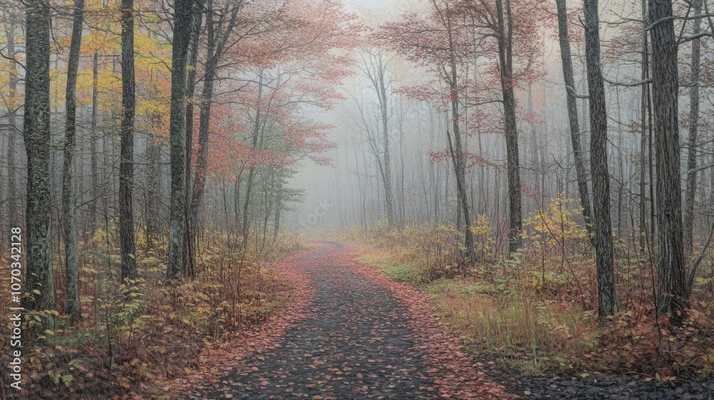 Obraz premium Misty Autumn Path Through Tranquil Forest