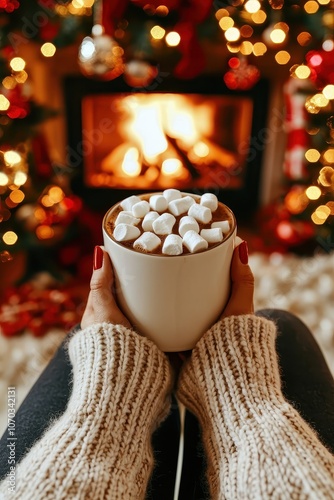 Wallpaper Mural girl holding a cup of cocoa with marshmallows on a fireplace background. Selective focus Torontodigital.ca