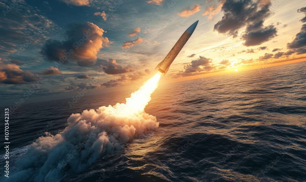 Fototapeta premium Anti-ship missile zooming across the sea, heading toward its target with precise guidance