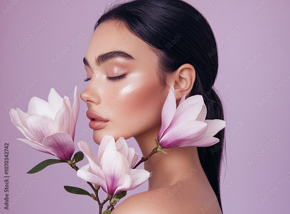 beautiful woman with straight black hair in ponytail, pink lips and magnolia flowers on light background, beauty portrait shoot beautiful woman with straight black hair in ponytail, pink lips and magnolia flowers on light background, beauty portrait shoot