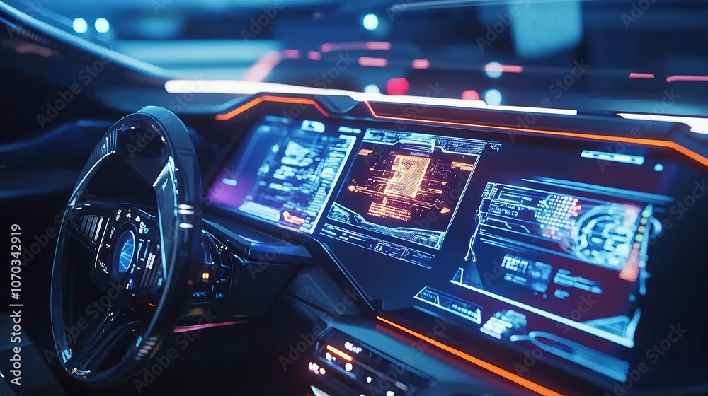 High-tech car dashboard with digital controls and displays. High-tech car dashboard with digital controls and displays.