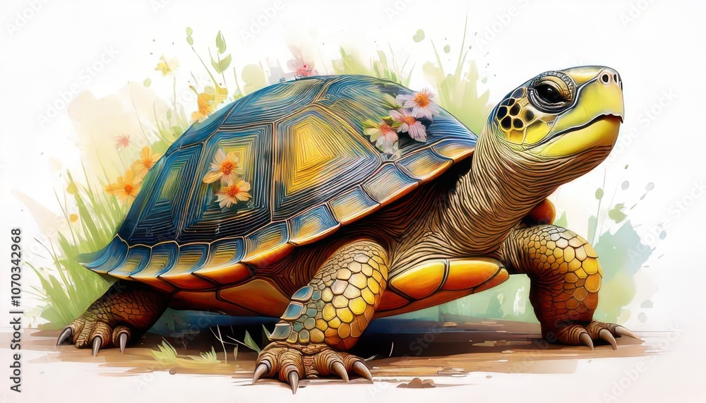 Obraz premium Draw a cartoon turtle with small flowers on its shell, making it look soft and gentle agains