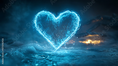 Winter Frosty Neon Heart Against Dark Background