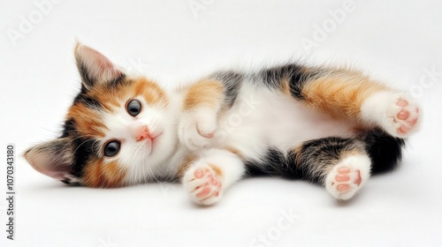 A lively calico kitten is playfully lounging on a pristine white background, its colorful fur creating a vibrant scene. photo