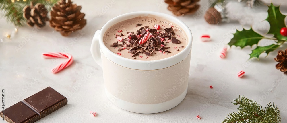 A cozy hot chocolate topped with candy canes and chocolate shavings, surrounded by festive decorations like pinecones and holly. A cozy hot chocolate topped with candy canes and chocolate shavings, surrounded by festive decorations like pinecones and holly.