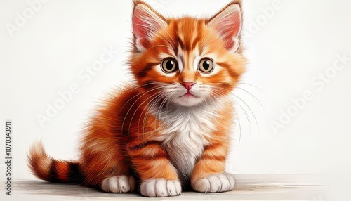 Drawing of a cute orange, white tabby kitten sitting and looking with wide and curious eyes