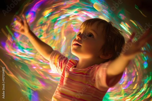 A child joyfully reaches for swirling lights, symbolizing happiness and discovery in a vivid and colorful scene. photo